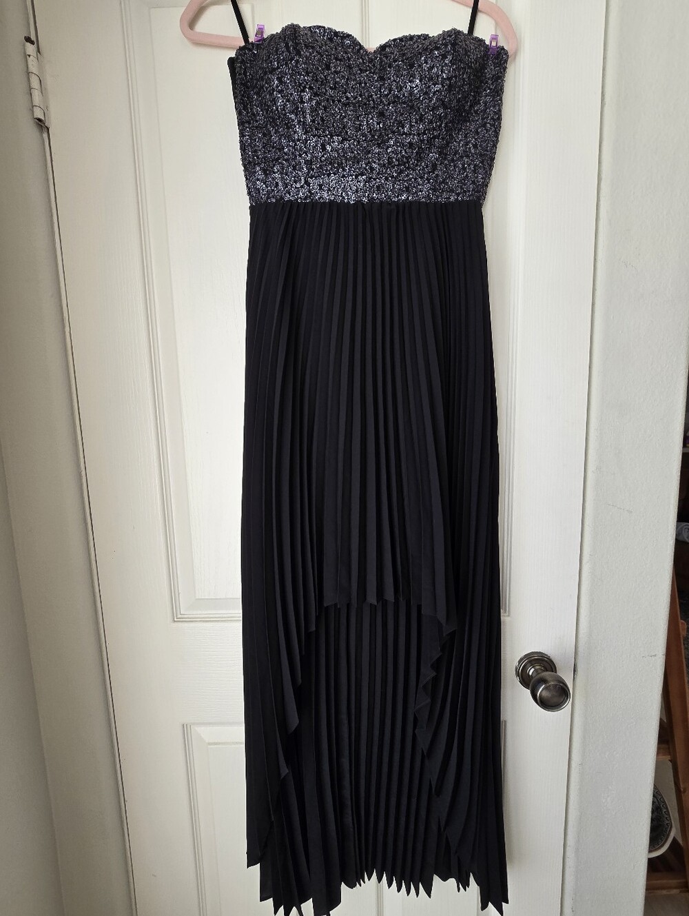 Bebe Black Sequin Pleated High Low Maxi Dress Size S